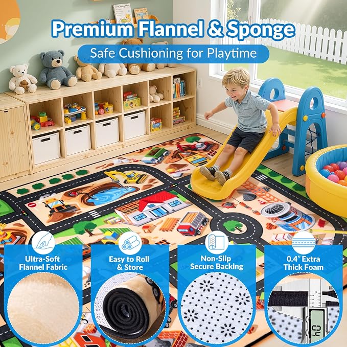 Kids Rug, 5x7 FT Construction Site Car Rug Play Mat, Soft & Durable, Machine - Image 3
