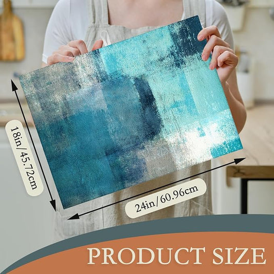 Teal Grey Abstract Art Dish Drying Mat, Drying Rack Pad Countertop Dishes Ultra - Image 2
