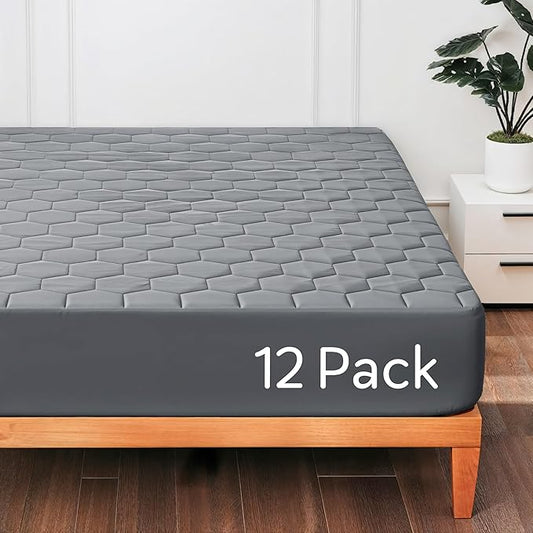 Hearth & Harbor 12 Pack Twin XL Size Quilted Fitted Mattress Pad Cover, 100% Waterproof Mattress Protectors, College Dorm Room Essentials, Deep Pocket Fitted Mattress Cover 8" - 21", Gray