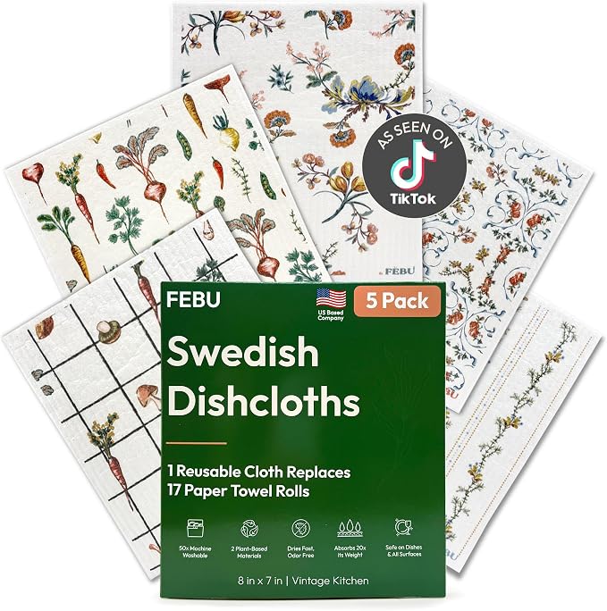 FEBU Swedish Dishcloths for Kitchen | 5 Pack Vintage Kitchen Reusable Paper by FEBU