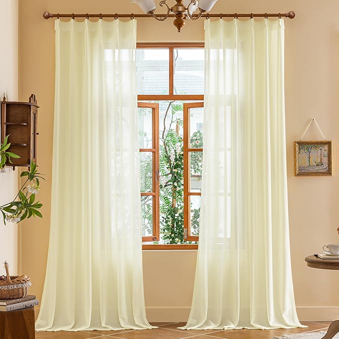 MAIHER Pinch Pleat Sheer Curtains 102 Inches Long for Patio Sliding Door Soft Touch Lightweight Light Filtering Sheer Pleated Drapes with Ajustable Hooks (No Rings), Beige, 42" W x 102" L, 2 Panels
