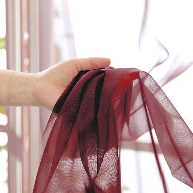 OVZME Burgundy Sheer Curtains - 96" Length 2 Panels Set for Living Room Bedroom, Christmas Gorgeous Window Decoration for Party & Backdrop & Canopy, Burgundy, Each 42Wx96L