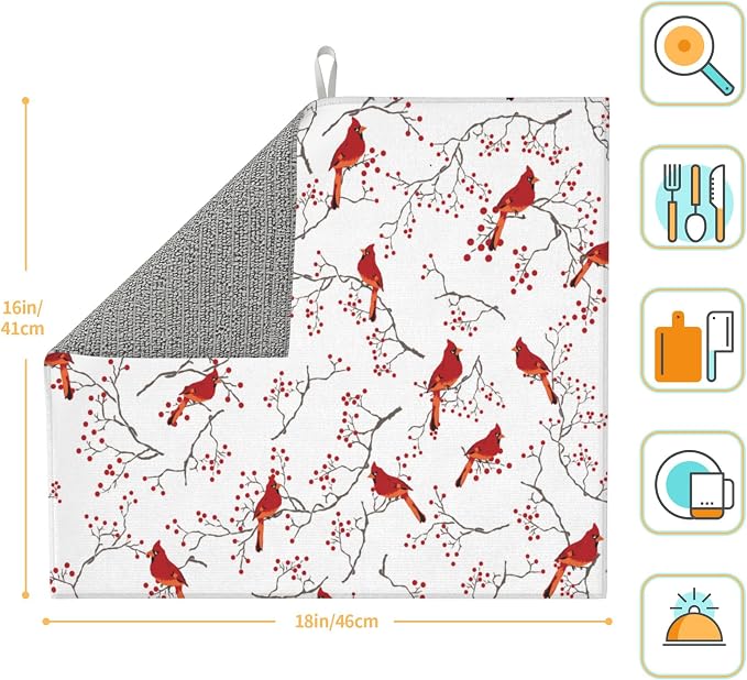 Cardinal Bird Red Berry Decor Kitchen Drying Mat Cute Microfiber Dish Drainer - Image 2