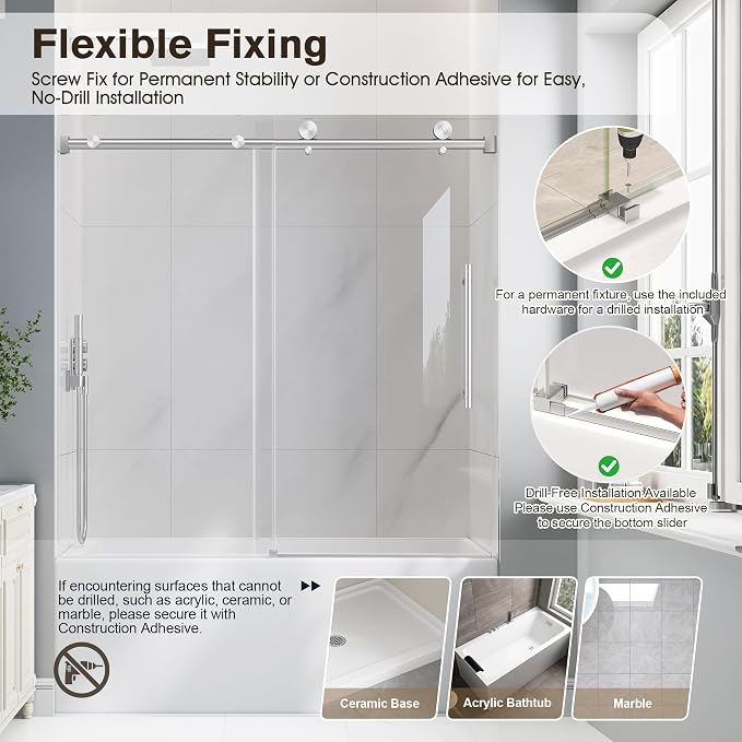 Bathtub Shower Door Frameless, 55-60" W x 60" H Sliding Tub Shower Door - Image 9