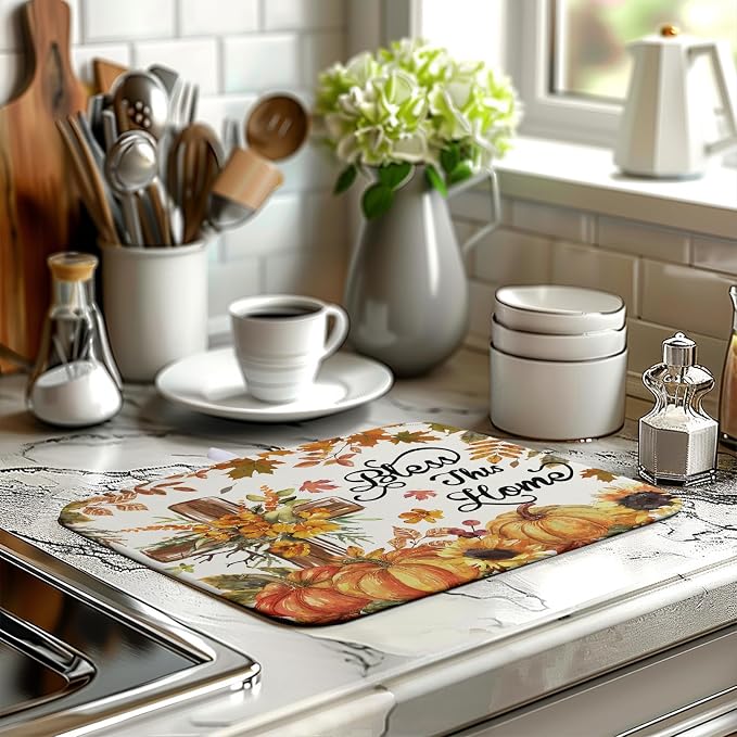 Fall Drying Mat for Kitchen Counter Autumn Thanksgiving Pumpkin Cross Dish Mat - Image 6