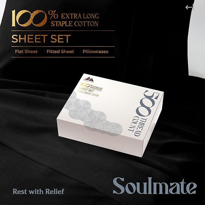 Mayfair Linen 500 Thread Count Twin Cotton Sheets - 3 PC Twin Size Bed Sheet Set Cotton (Black), Soft, Cooling, Sateen Hotel-Quality 16" Deep Pocket Bedsheet for Hot Sleepers (Fits 18" Mattress)