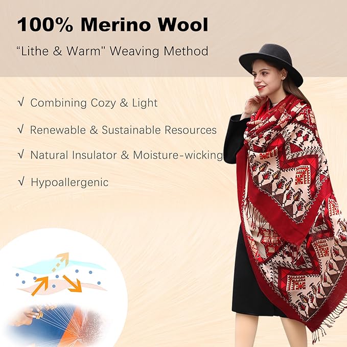 DANA XU 100% Merino Wool Pashmina Shawl for Women 96"x43", Oversized Cashmere Wrap with Tassels, Floral Travel Blanket Cape