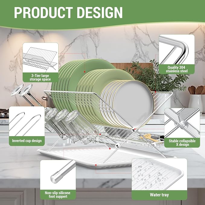 Dish Rack with Drip Tray, Stainless Steel 3-Tier Collapsible Drainer Dish - Image 5