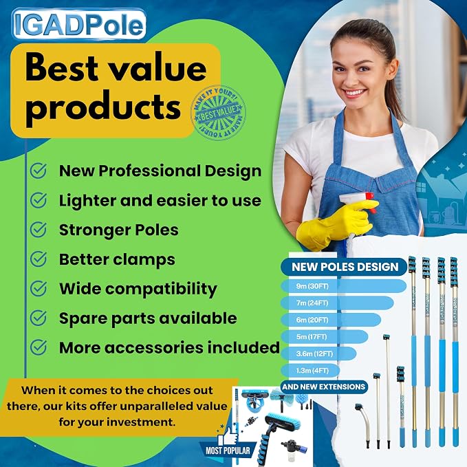 23ft IGADPole Washing Kit: Water-fed Brush, Cobweb Duster and 10” Squeegee and - Image 7