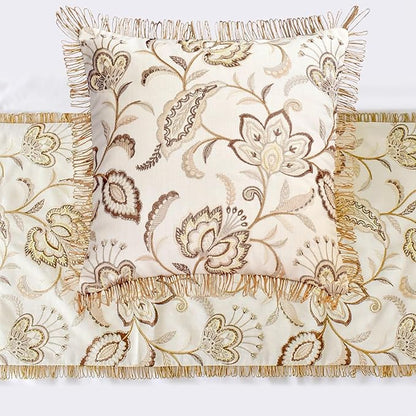 The HomeCentric King/Queen/Twin Beige Decorative Bed Runner Full 68"x18" Bed Runner with One Pillow Cover, Floral, Pearl, Jute Lace, Embroidery Bed Scarf on Cotton Fabric - Floral Luster