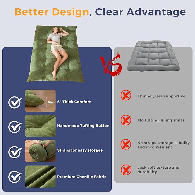 MAXYOYO Japanese Floor Mattress Full Size, 6" Foldable Futon Mattress Tufted Roll Up Floor Bed, Thick Chenille Tatami Mat Sleeping Pad for Camping Guest Room Dormitory Bedroom RV, Green