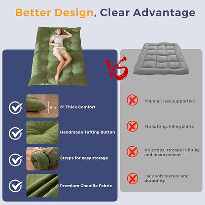 MAXYOYO Japanese Floor Mattress Full Size, 6" Foldable Futon Mattress Tufted Roll Up Floor Bed, Thick Chenille Tatami Mat Sleeping Pad for Camping Guest Room Dormitory Bedroom RV, Green