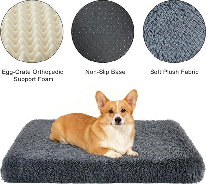 Fluffy Orthopedic Dog Beds for Large Dogs with Washable Removable Cover Dog Crate Bed Egg Crate Foam Support Plush Pet Pad Mat with Anti-Slip Bottom (42 * 28,Dark Grey)