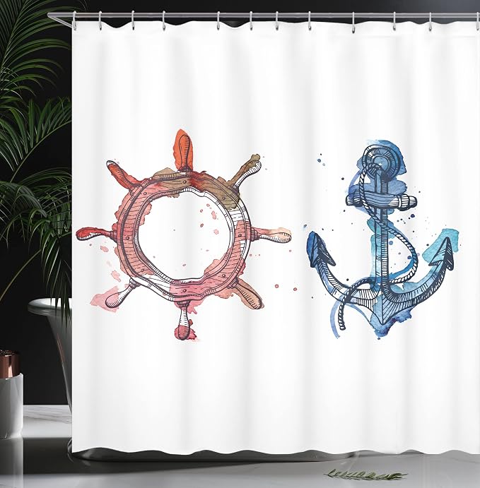 Ambesonne Nautical Shower Curtain, Illustration of an Anchor and Steering Wheel - Image 3