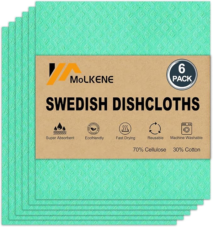 Swedish Dishcloths for Kitchen | 6 Pack Absorbent Cellulose Sponge Cloths by MoLKENE
