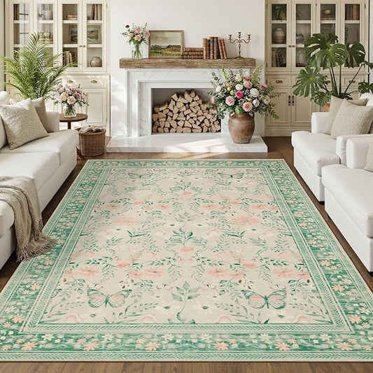 Floral Rug for Living Room Bedroom, 6x9 Washable Rug, Large Non Slip Low Pile by Rugxara