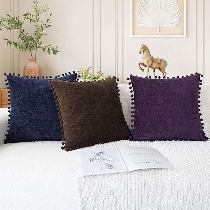 CaliTime Throw Pillow Covers Decorative 16 X 16 Inches Pack of 2 Cozy Solid Dyed Soft Chenille Cushion Cases with Pom Poms for Couch Sofa Bed Living Room Home Coffee