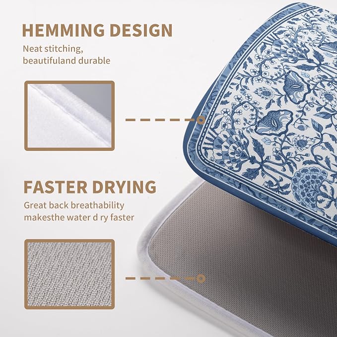 Blue Floral Dish Drying Mat for Kitchen Counter Boho Flowers Dishes Drainer - Image 5