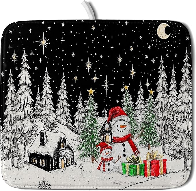 Winter Snowman Dish Drying Mat 18 X 16 in Black Microfiber Dish Pad Absorbent by Giwawa