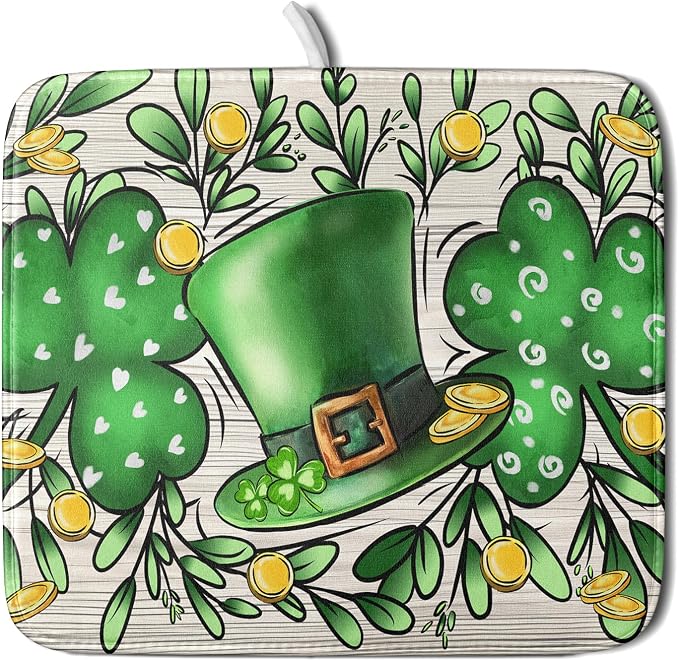 St Patrick's Day Shamrock Dish Drying Mat 16x18 inch Eucalyptus Leaves Dishes by Giwawa