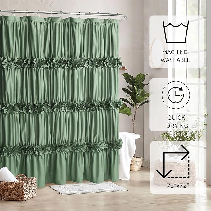 Light Green Ruffle Shower Curtain, Vintage Handcrafted Bow Tie Bath Curtain - Image 4