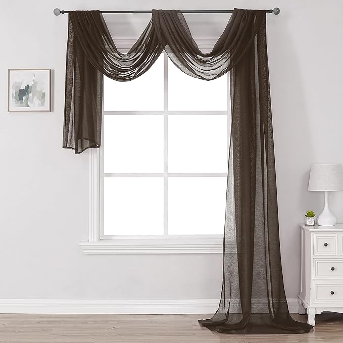 DONREN Chocolate Brown Window Scarf for Outdoor Decoration - Add Luxury Beautiful Elegant Effect to Curtain Panels (1 Panel, 52 x 288 Inches Long)
