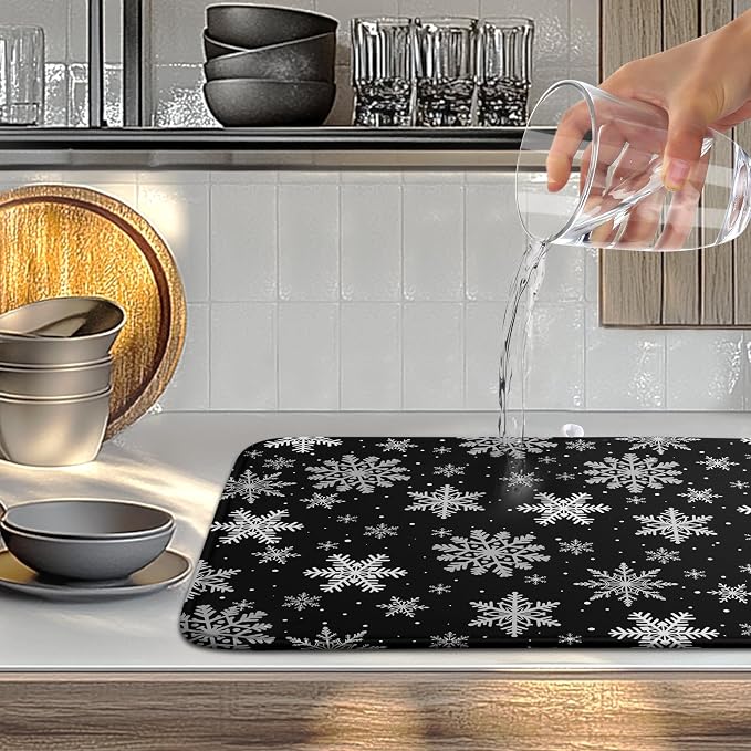 Winter Snowflake Black Dish Drying Mat Christma Snowflakes Large Kitchen Mats - Image 2