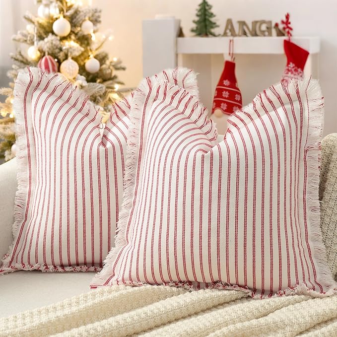 ZWJD Throw Christmas Pillow Covers 26x26 Set of 2 Striped Pillow Covers with Fringe Chic Cotton Decorative Pillows Square Cushion Covers for Sofa Couch Bed Living Room Farmhouse Decor