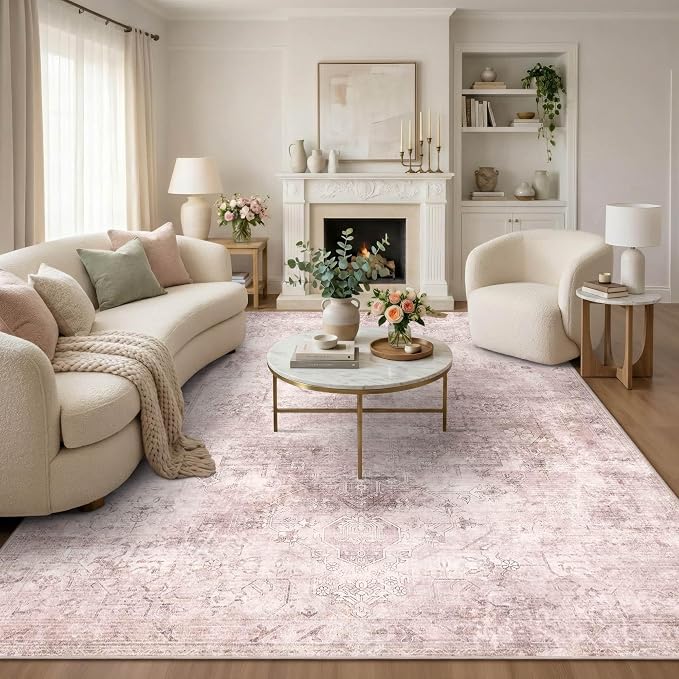 Vintage 8x10 Living Room Pink Rugs, Washable Large Area Rugs - Image 3