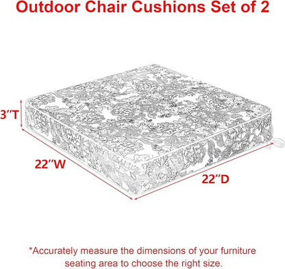 Favoyard Outdoor Chair Cushion 22 x 22 x 3 In Waterproof Pattern Fade Resistant Cushions for Patio Furniture with Removable Cover Attach Straps 28D Foam Insert Cushions Pads for Seat Sofa Couch 2 Pack