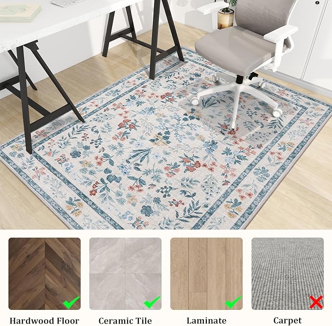 chakme Office Chair Mat for Hardwood Floor, 48"x36" Easy Glide Computer Desk Mat Protector for Rolling Chair Under Desk Rug Nonslip Backing, Machine Wash, (Floral)