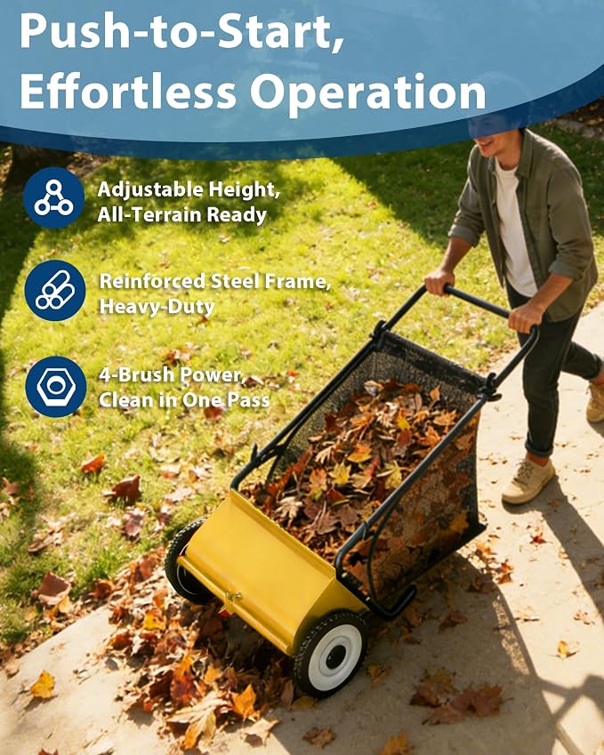 Push Lawn Sweeper, 26 Inch Extra-Wide 4-Brush System, 7 cu.ft. Mesh Bag - Image 4