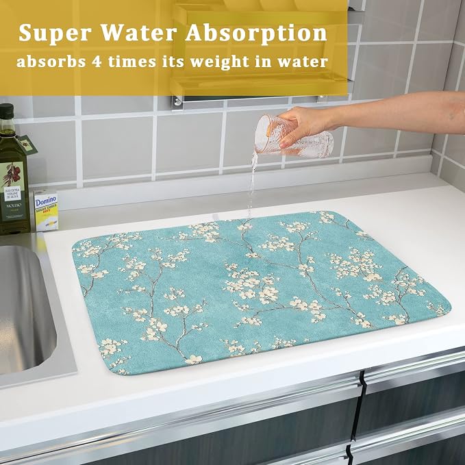 Teal Turquoise Dish Drying Mat for Kitchen Counter Spring Floral Drying Mat 18 - Image 5