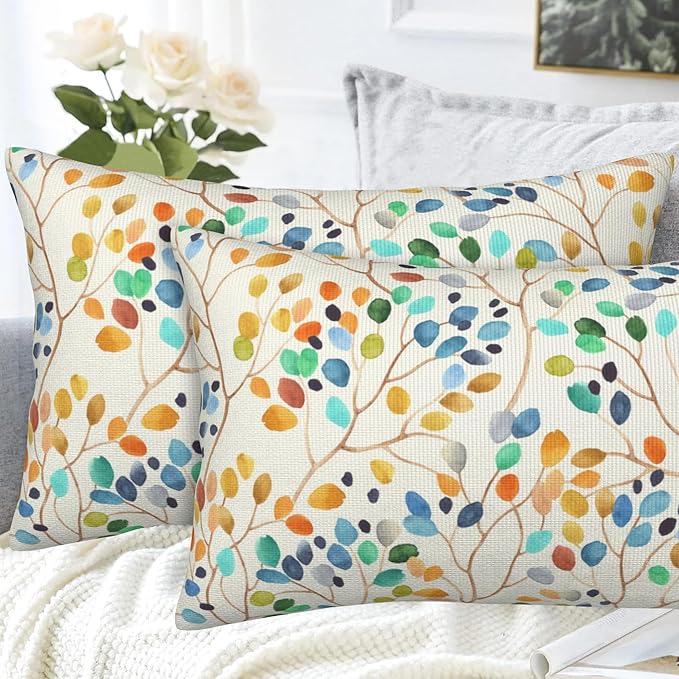 Throw Pillow Covers Colorful Leaves Spots Pillow Covers 20x12 Inch Set of 2 Boho Floral Throw Pillows Decorative Pillow Cases Cushion Covers for Bedroom Livingroom Sofa Farm House
