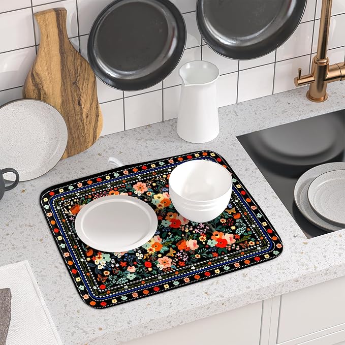 Black Flowers Dish Drying Pad Boho Floral Washable Microfiber Kitchen Mat - Image 6
