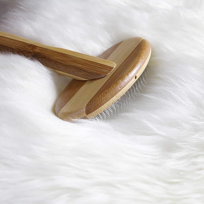 Sheepskin Brush Rug Wool Carpet Cleaner Bamboo Wire Slicker Carding, Unmats Fur - Image 3