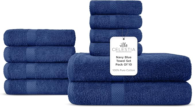 100% Combed Cotton Bathroom Towel Set of 10- 2 Bath Towels, 4 Hand Towels by VillaCelestia