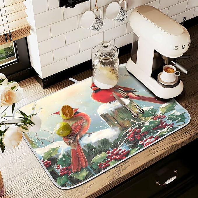 Winter Birds Snowflakes Berry Dish Drying Mat - Image 8