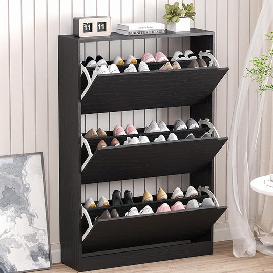Shoe Storage Cabinet with 3 Flip Drawers, Narrow Shoe Rack Cabinet, by BORNOON