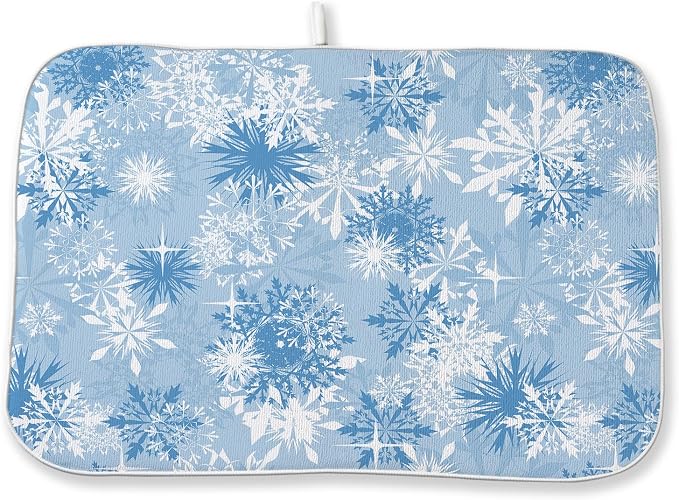 Christmas Dish Drying Mat 18x24 Inch Blue White Snowflake Winter Drying Mat by DAFENA