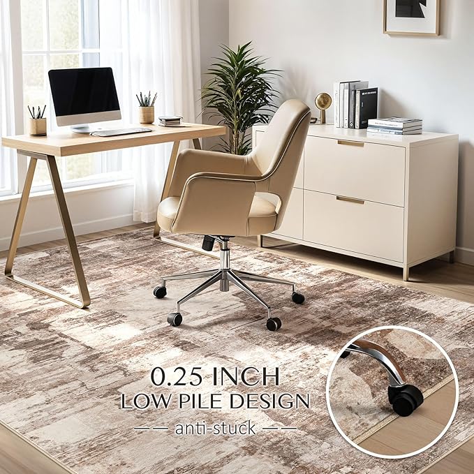 Abstract Living Room Rug 12x18 - Modern Washable Soft Thin Area Rug for Living Room Bedroom Under Dining Table - Neutral Indoor Floor Rug Carpets for Home Office Playroom Nursery - Brown