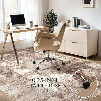 Abstract Living Room Rug 12x18 - Modern Washable Soft Thin Area Rug for Living Room Bedroom Under Dining Table - Neutral Indoor Floor Rug Carpets for Home Office Playroom Nursery - Brown