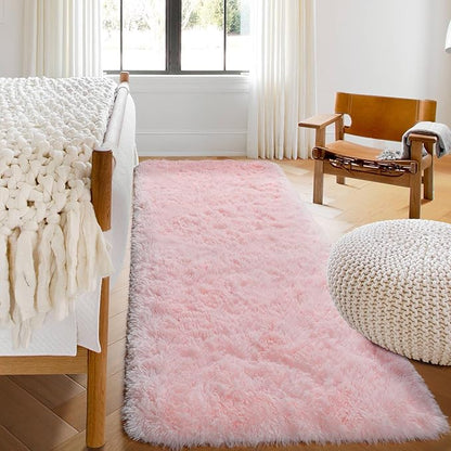 ONASAR Pink Runner Rugs for Bedroom Living Room, 2x6 Washable Bedside Hallway Fluffy Area Rug, Ultra Soft Plush Furry Faux Fur Non Slip Floor Carpet for Nursery Kids Dorm Closet Home Decor Aesthetic