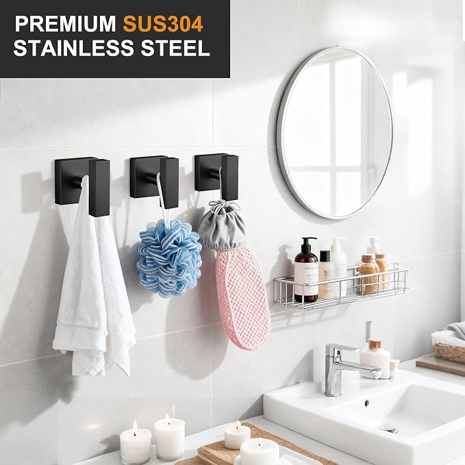 Matte Black Towel Hooks for Bathrooms, SUS304 Stainless Steel Shower Towel Hooks - Image 2