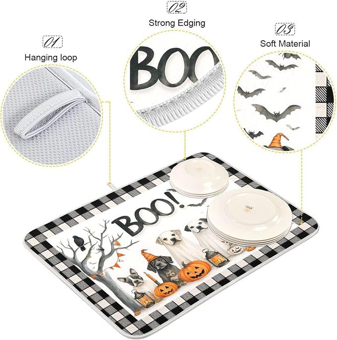 Halloween Dogs Dish Drying Mat for Kitchen Countertop 18x24 Raven Bat Pumpkin - Image 4