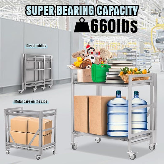 2 Shelf Rolling Cart with Wheels, 660lbs Capacity Collapsible Steel Rolling - Image 2