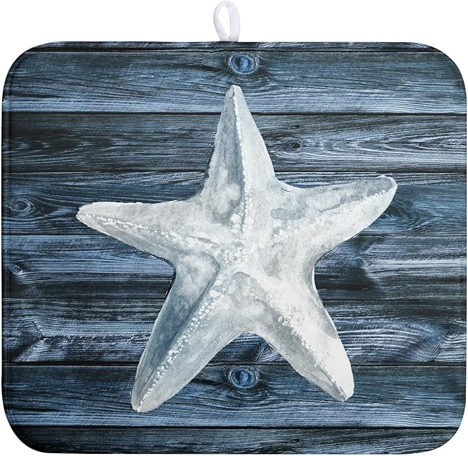Coastal Starfish Dish Drying Mat Dark Blue Ocean Animal Print Drying Mats by Wnoesat