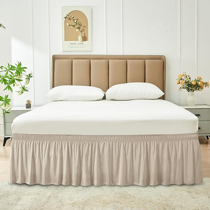 Biscaynebay Wrap Around Bed Skirts for Queen Beds 16" Drop, Light Camel Adjustable Elastic Dust Ruffles Easy Fit Wrinkle & Fade Resistant Silky Luxurious Fabric Solid Machine Washable