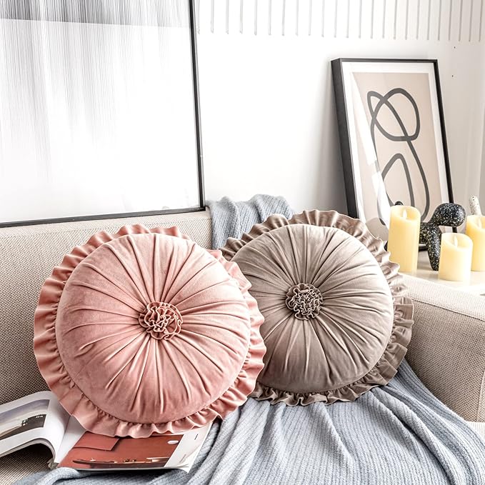 S SSOY Velvet Round Pillow - Ruffle Home Decoration Cushion for Sofa, Chair, Bed, Window, Floor - 13.7in