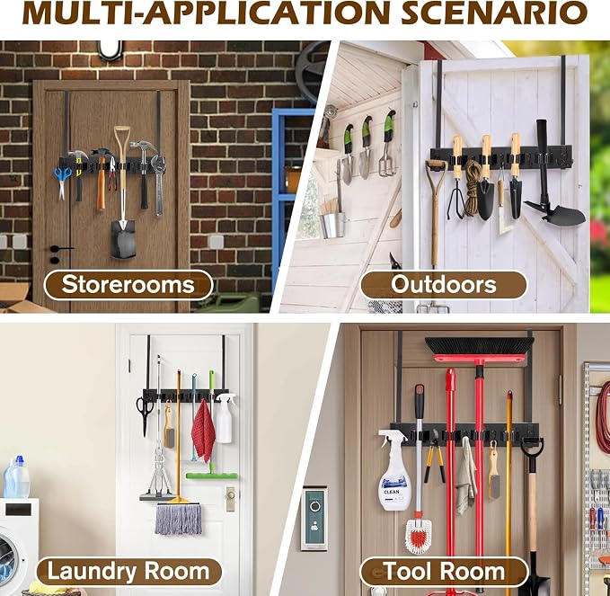 Mop and Broom Holder Over the Door, Wood Broom Hanger, Broom and Mop Organizer - Image 6
